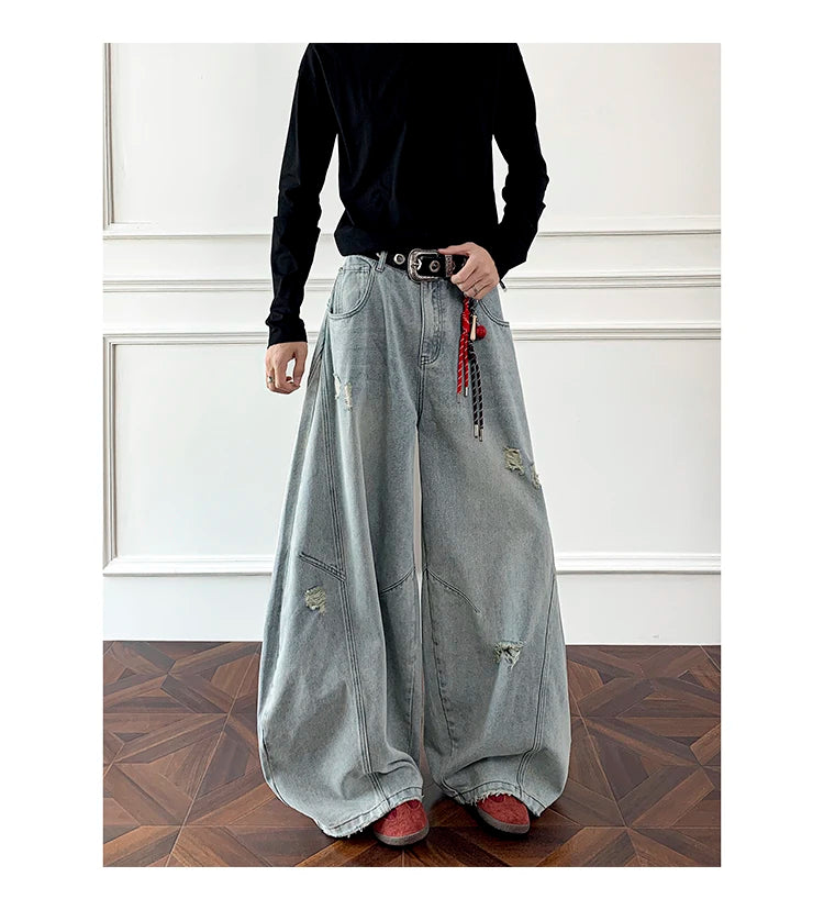 Threebooy Loose Fit Jeans Men Baggy Wide Leg Denim Pants Patchwork Ripped Light Blue Wash Hip Hop Streetwear Fashion New 2025 autumn jeans