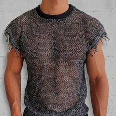 Threebooy Men Summer Hollow Knit Vest Sleeveless O Neck Basic Pullover Tee for Man Casual Tassel Solid T Shirt 2024 Mesh See Through Top