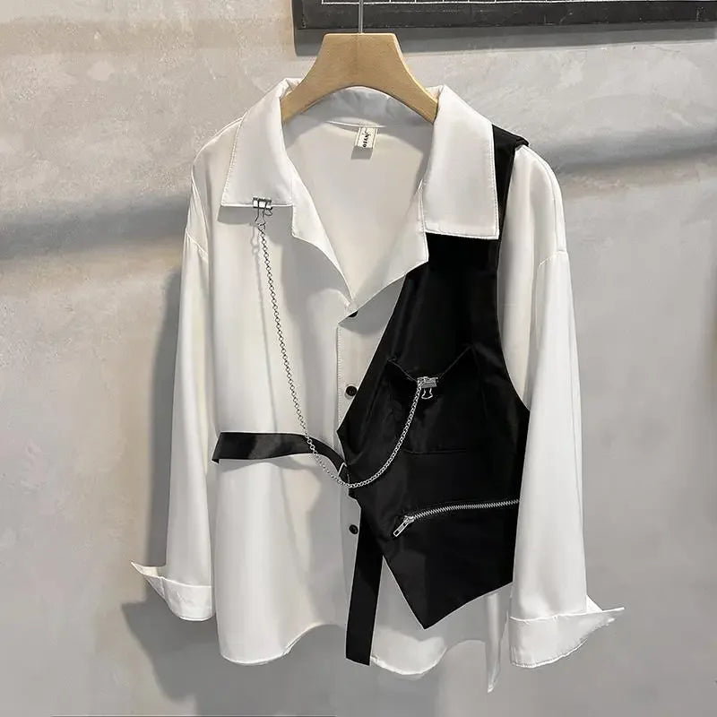 Threebooy Summer Shirt Vest Suit Design Splicing High Street Long Sleeve Loose-fit Niche Men's Jacket For Hairdressers