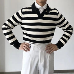 Threebooy American Chic Striped Men Polo Sweater Luxury Trendy Business V Neck Knit Solid Color Pullover Leisure Slim Long Sleeve Knitwear