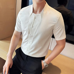 Threebooy  Advanced Sexy V-neck Men's Long Sleeved Shirt Designer Stand Up Collar Shirt Business Social Slim Fit Black and White Top