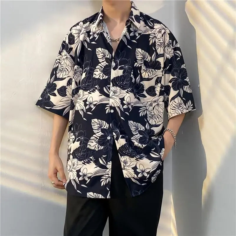 Threebooy  Retro American Japanese Cuban Collar Shirt Men's Short-sleeved Summer Hong Kong Style Handsome Loose