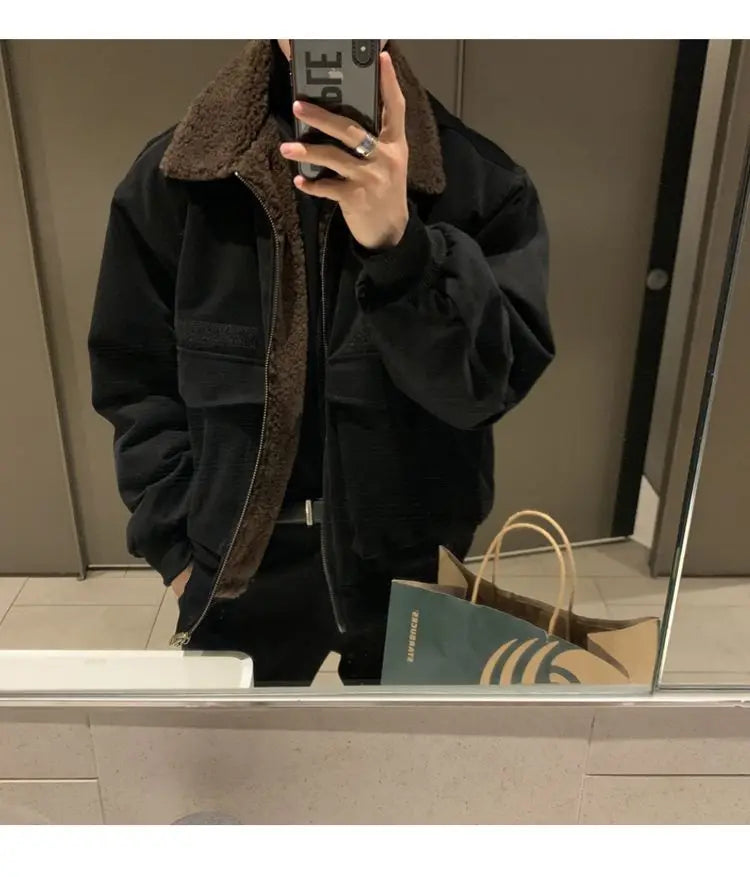 Threebooy Lamb Coat Men's Winter Velvet Thickened Short Autumn High Street Jacket Turndown Colllar Long Sleeves Zipper Pockets Jackets