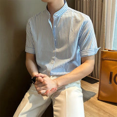 Threebooy  New Fashion Striped Stand Collar Men Shirts Luxury Casual Textured Half Sleeve Cardigan Tops Summer Business Slim-fit Blouse