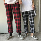 Threebooy Men Plaid Pants Ankle Length Loose Wide Leg Pant All-match Elastic Waist Fashion Casual Trousers Harajuku Korean Streetwear