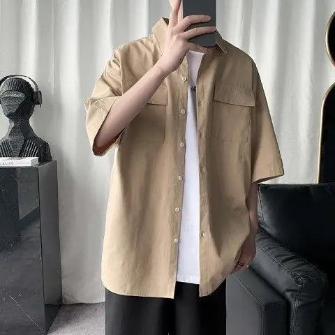 Threebooy  Summer Men Short-sleeved Student Korean Style Fashion Handsome Work Shirt Men Hong Kong Style Handsome Casual Versatile Top