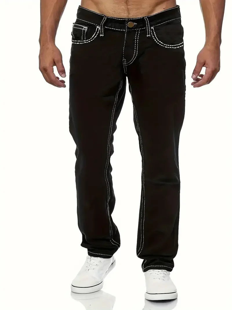 Threebooy  1Pc Men's Four Seasons Snowflake Washed Fried Stone Trendy Jeans, Stretch Slim Fit Light Blue Dark Black Casual Embroidered Denim Trousers, Minimalist Fashion, Suitable for Everyday Wear