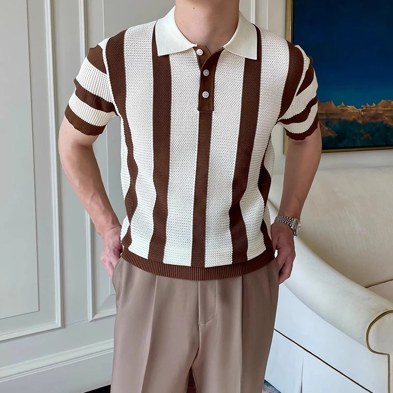 Threebooy  Men's Clothing Urban Fashion Striped Knit Polo Shirt Casual Business Slim Short Sleeve T-shirt Chic Hollow Out Breathable Tops