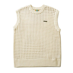 Threebooy Korean Hollow Knitted Vest Men Crew Neck Solid Simple Sleeveless Pullovers Causal Loosed Unisex Fresh Sweater Streetwear Apricot