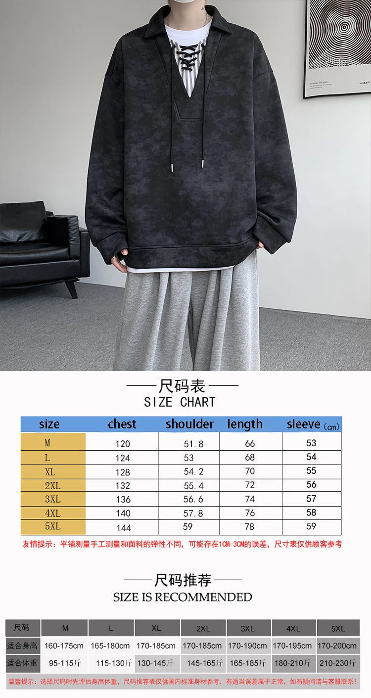 Threebooy Collar Sweatshirt Mens Layered V Neck Pullover Fake Two Piece Streetwear Casual Hoodie Jacket Fall 2025 New Tie Dye Design