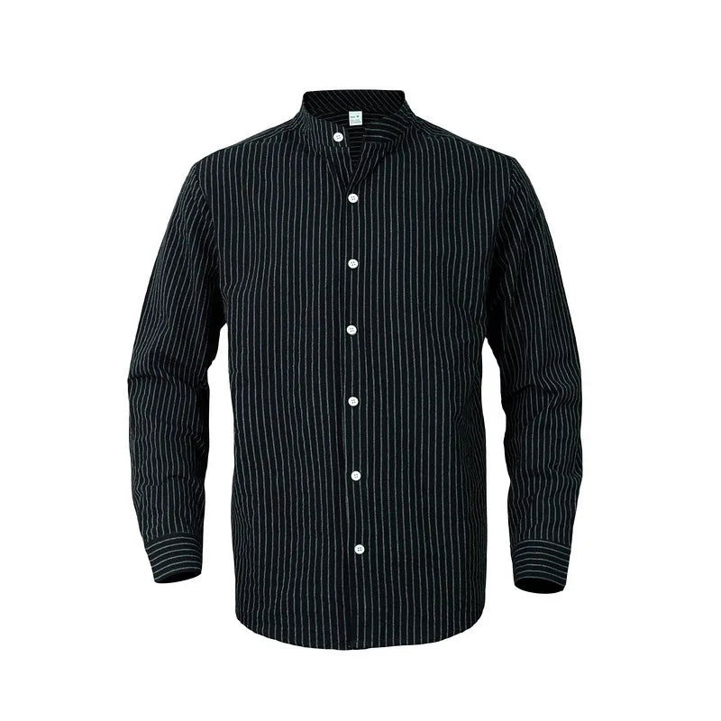 Threebooy 2025 New Autumn New Men's Casual Shirt Business Casual Style Linen Shirt Striped Stand Collar Long Sleeve Cardigan Shirt Men