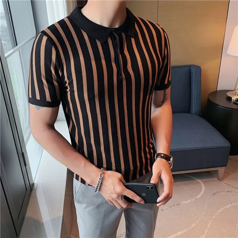 Threebooy Vintage Patchwork Knit Slim POLO Shirts Men Fashion Summer Short Sleeve POLO Shirt Casual Lapel Button Tops Men Streetwear