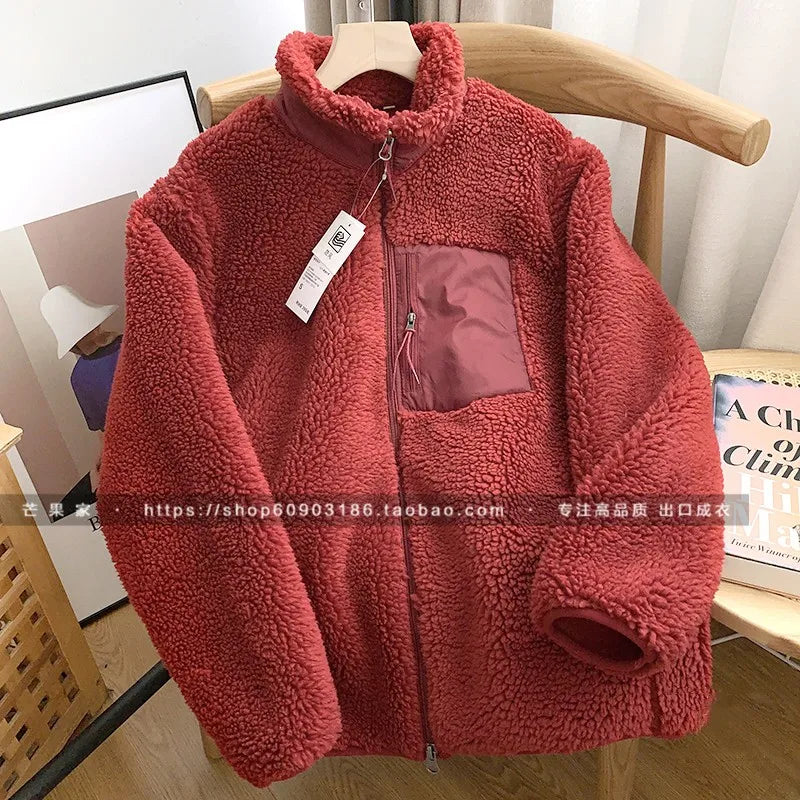 Threebooy Autumn Winter Lambswool Coat Male Loose Windproof Warm Sherpa Stand Collar Polar Fleece Jacket Unisex Simple  Pocket Spliced Top
