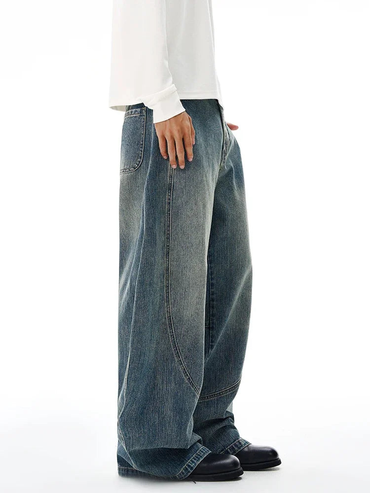 Threebooy Baggy Classic Jeans Men's Vintage Wash Cotton Wide-leg Denim Pants Loose Fashion Spliced Streetwear Trendy Hip-hop Y2K Trousers