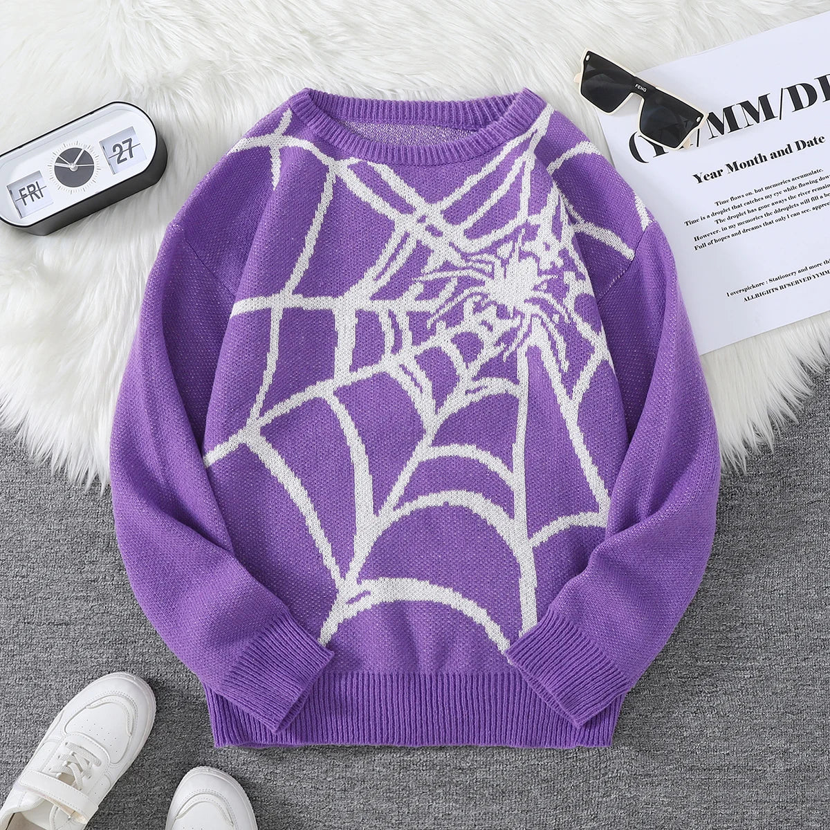 Threebooy  New Popular Autumn and Winter Spider Web Jacquard Pattern Pullover Sweater Casual Round Neck Knitted Men's Pullover