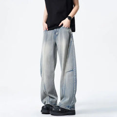 Threebooy Mens Loose Fit Patchwork Wide Leg Washed Jeans Vintage Denim Pants Casual Streetwear Comfort Trendy Baggy Trousers Hip Hop