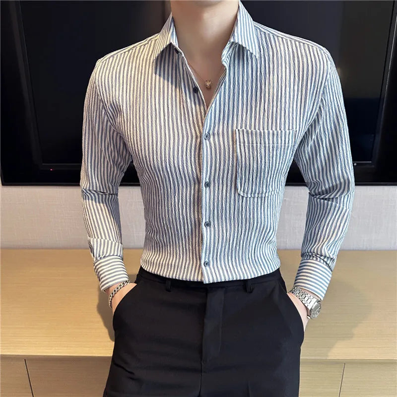 Threebooy Fashion Stripe Casual Men Long Sleeve Button Shirt Stitching Pocket Design Fabric Soft Comfortable for Men  Slim Fit Dress Shirt