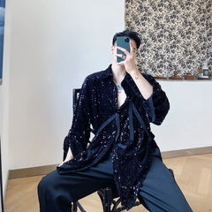 Threebooy Fashion Street Shirts Retro Sequin Fringe Stage Show Dresses Personal Trends Shiny Sequins Reflective Men's Shirts Long Sleeves