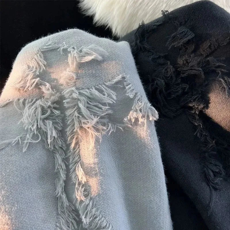 Threebooy Y2k Streetwear Sweater Men New Retro Hole Fringed Sweater Loose Versatile Knitwear Pullovers Long Sleeve Jumpers Clothing
