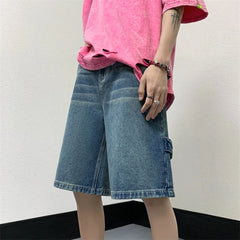 Threebooy Men Patchwork Oversized Jeans Shorts Streetwear Harajuku Denim Shorts New Hip Hop Vintage Blue Summer Casual Loose Shorts
