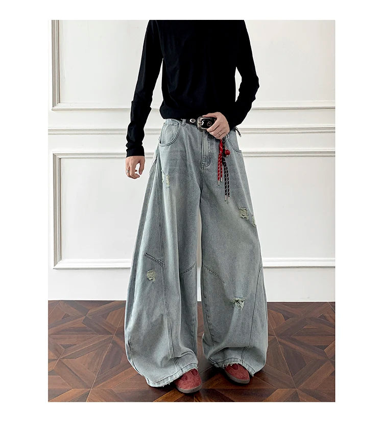 Threebooy Loose Fit Jeans Men Baggy Wide Leg Denim Pants Patchwork Ripped Light Blue Wash Hip Hop Streetwear Fashion New 2025 autumn jeans