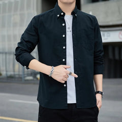Threebooy  Spring and Autumn Men Long-sleeved Slim Shirts Solid Color Versatile Business Casual Tops Cotton