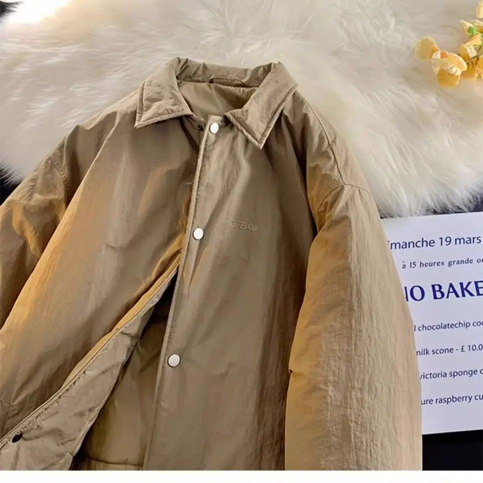 Threebooy Thickened Winter Parkas Japanese Large Size Retro Workwear English Letters Padded Coat Loose Lapel Warm Button Up Coat