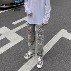 Threebooy Ripped Jeans Men's Hip-hop Street Old Loose Stitching Straight Beggar Pants Retro Casual Trend Spring And Summer Denim Trousers