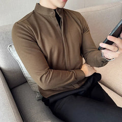 Threebooy Autumn and Winter Thickening Men Long-Sleeved t-Shirt Solid Color Fashion Stand Collar Top Daily Casual Woolen Fake Two-Piece Top