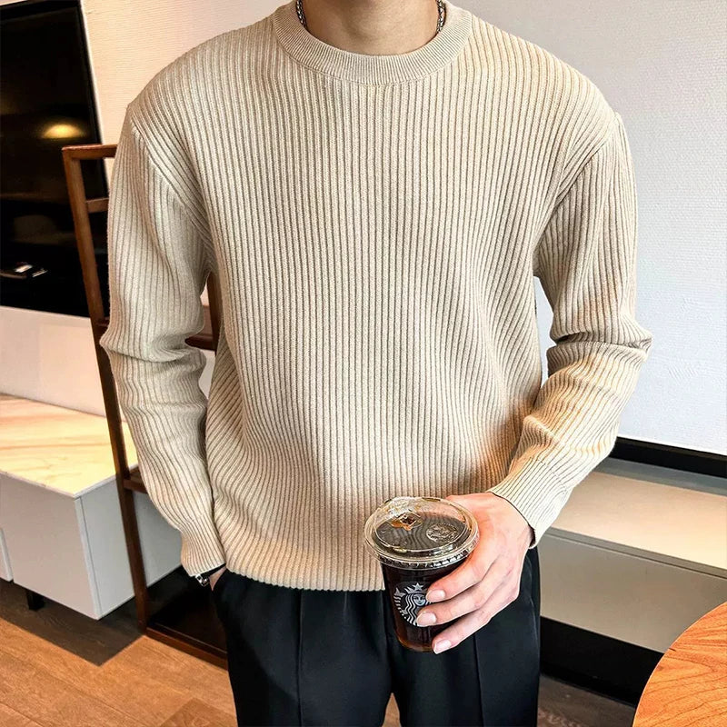 Threebooy  New Korean Retro Men Basic Sweater Luxury Knitted Solid Color O Neck Long Sleeve Pullover Casual Slim Premium Quality Knitwear