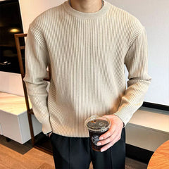 Threebooy  New Korean Retro Men Basic Sweater Luxury Knitted Solid Color O Neck Long Sleeve Pullover Casual Slim Premium Quality Knitwear