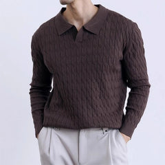 Threebooy  New American Fashion Jacquarded Men Polo Sweater Light Luxury V Neck Knit Solid Color Long-sleeved Tops Premium Quality Knitwear