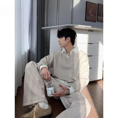 Threebooy Korean style autumn and winter street fashion personality splicing V-neck sweater for couples loose and lazy knit casual top y2k