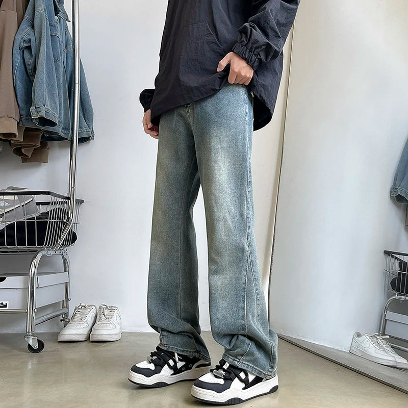 Threebooy  New Men's Patchwork Bootcut Jeans Elastic Waist Vintage Classic Blue Black Denim Trousers Fashion High Street Korean Male Pants