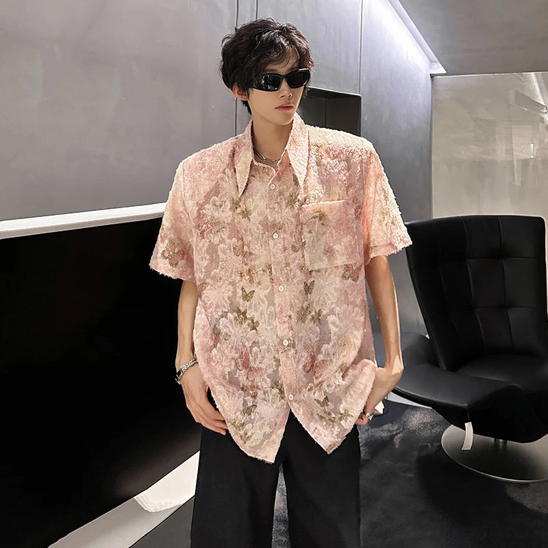 Threebooy Pink Butterfly Tassel Shirt Men Front Pocket Summer Loose Casual Floral Short Sleeve Shirts Oversize Streetwear Boy Girl Blouses