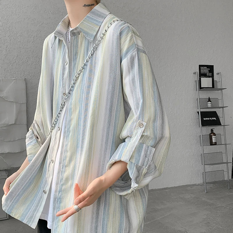 Threebooy Summer Striped Long-sleeved Shirt Men Fashion Mens Thin Sun-proof Clothing Korean Loose Casual Shirts Mens Streetwear Tops
