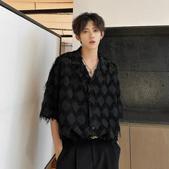 Threebooy Men Loose Short Sleeve Shirt Small Suit Collar Diamond Frayed Edges Unique Design Casual Trendy Mens Fashion Boho Chic Style