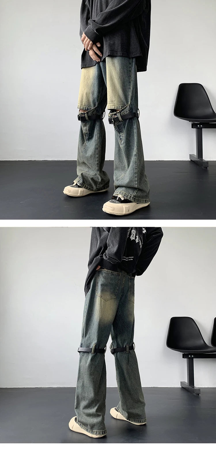 Threebooy Men's Jeans Retro Trousers Knee Holes Splicing High Street Loose Denim Trousers Flared Jeans Straps Cowboy Casual Long Pants
