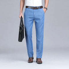 Threebooy  New Men's Summer Thin Jeans Loose Stretch Large Size Ice Silk Straight Pants Elite Business Casual Pants Smoke Gray Blue