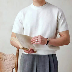 Threebooy  New Korean Fashion Men T-shirt Light Luxury Knitted Breathable O Neck Tees Casual Slim-fit Solid Color Short Sleeve Basic Tops