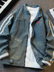 Threebooy American Striped Splicing Washed Denim Jacket Men's Korean Style Fashion Spring Autumn New Trend Stand Collar Casual Work Jacket