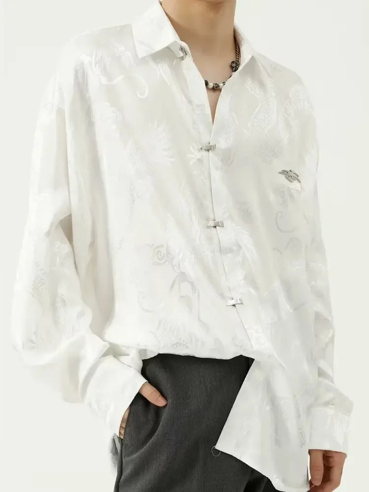 New Chinese Style Dragon Pattern Jacquard Silk Shirt For Men Casual Metal Buckle Dull Black Aesthetic Neutral Loose-fit Shirt