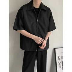 Threebooy Summer Short Sleeved Shirt Men Fashion Oversized Zip Shirt Men Korean Loose Black White Dres Shirts Mens Ice Silk Shirt M-2XL