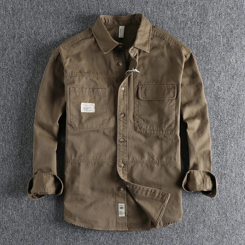 Threebooy  Autumn Loose Youth Workwear Shirt Coat For Male Simple Retro Solid Color 100% Cotton Drop Shoulder Long Sleeve Shirt Men