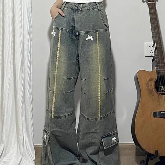 Threebooy Spring and Autumn New Men and Women Trendy Personalized Straight Tube Splicing Jeans for Couples Loose Retro Casual Pants
