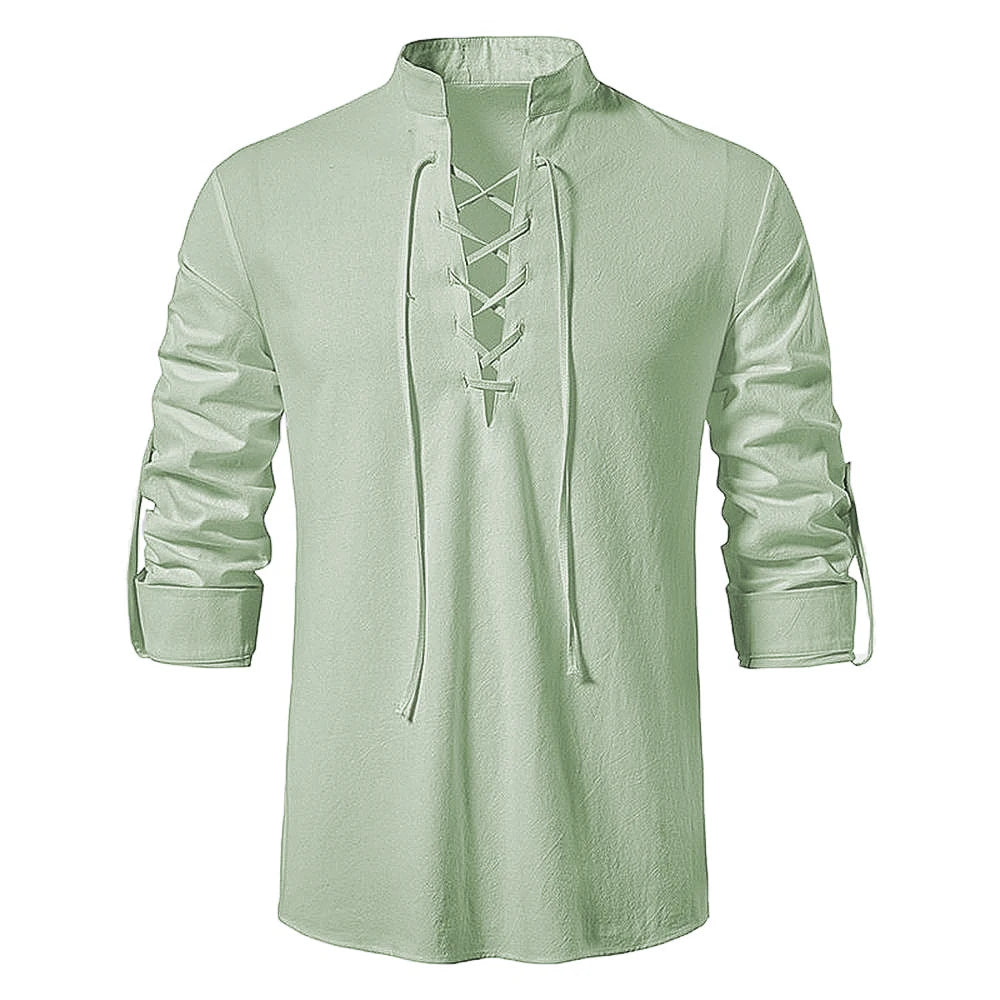 Threebooy  New Men's Casual Blouse Cotton Linen Shirt Tops Long Sleeve Tee Shirt Spring Autumn Slanted Placket Vintage Yoga Shirts