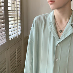 Threebooy Spring Summer Casual Simple Men's Solid Pleated Blouse Lapel Short Sleeve Streetwear Male Loose Leisure Shirts Men Clothing