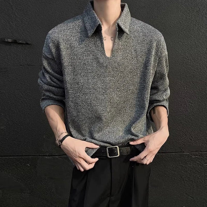 Threebooy  New American Retro Men Polo Shirt Luxury Knitted Solid Color V Neck Long Sleeve T-shirt Casual Premium Quality Textured Knitwear