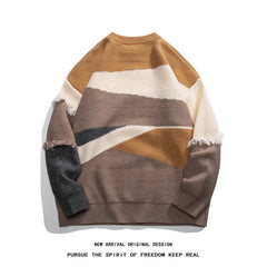 Threebooy Hole Fringed Sweaters For Men Retro Patchwork Color Round Neck Sweater Pullovers Couple Long Sleeve Tops Man Women