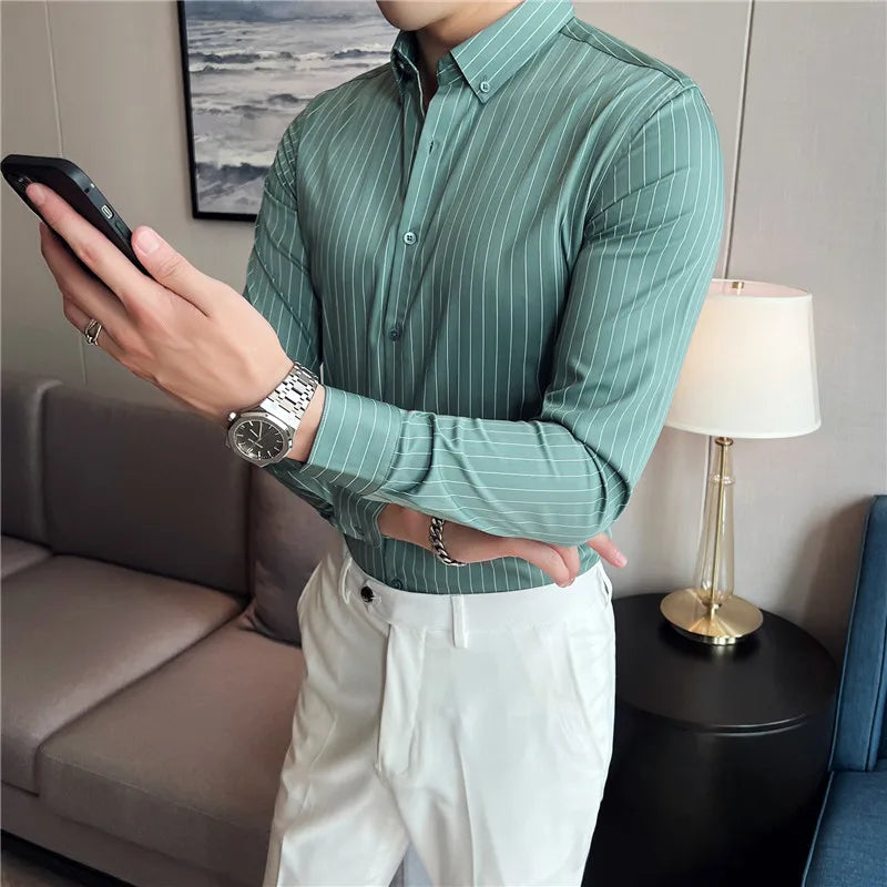 Threebooy  Plus Size S-3XL Korean Long Sleeve Striped Shirts Men Clothing Simple Slim Fit Business Casual Office Blouse Homme Hot Sale